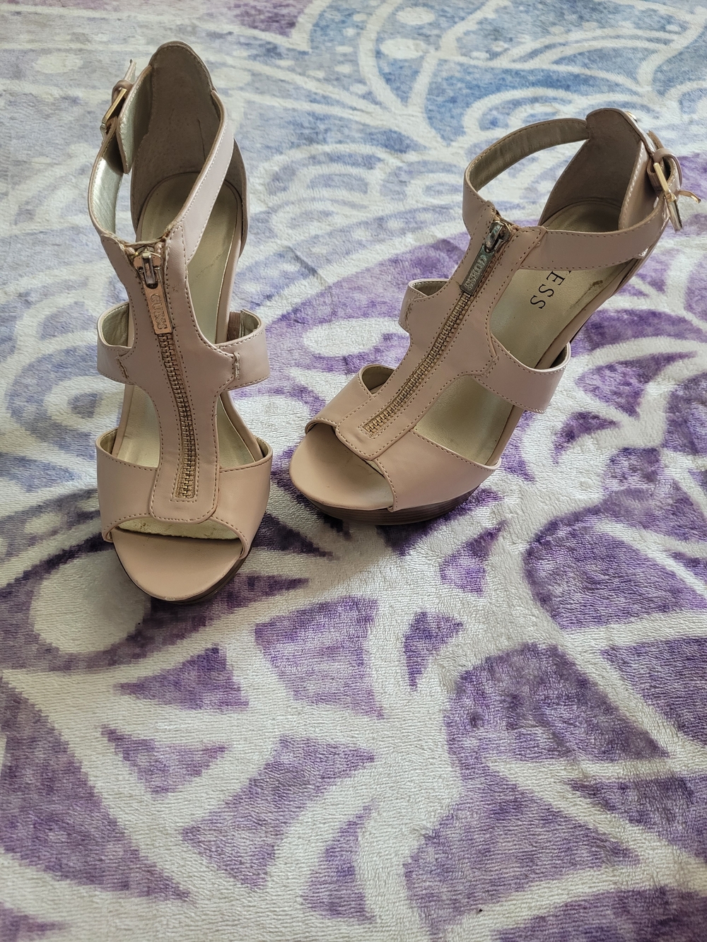 Guess Peep-Toe T-Strap Heels in Light Blush